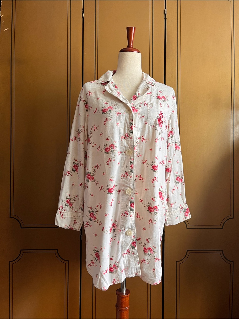 Ralph Lauren White Floral Button-Up Chemise with Pink Rose Print